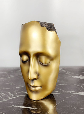 家居现代极简样板房间客厅玄关人脸人像H黑色金色面具雕塑摆件装