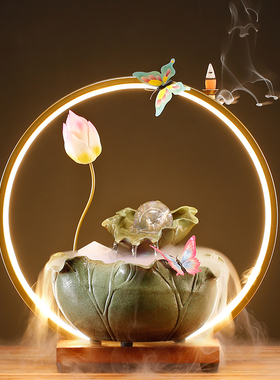 招财流水摆件创意循环水加湿器陶瓷装饰简约客V厅桌面乔迁送礼