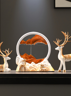 招财鹿流沙画沙漏摆件乔迁新家居客厅电视柜办Q公室装饰品轻奢高