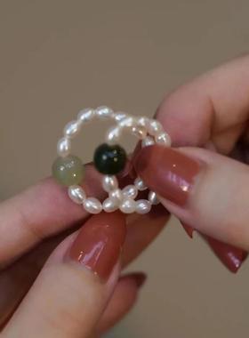 和田玉米珠珍珠弹力戒指女