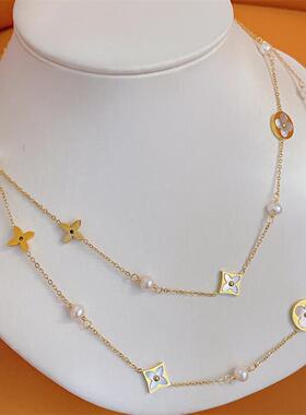 知珍四叶草淡水珍珠毛衣链双层可调节高品质时髦高级感轻奢项链