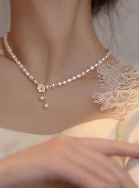 法式珍珠贝壳雕花锁骨链