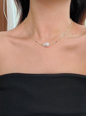 橄榄石巴洛克天然淡水珍珠项链女法式复古简约气质轻奢小众锁骨链