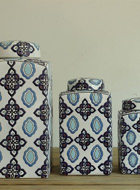 欧式家居摆件客厅玄关电视柜家C居饰品 方形陶瓷罐样板房摆设