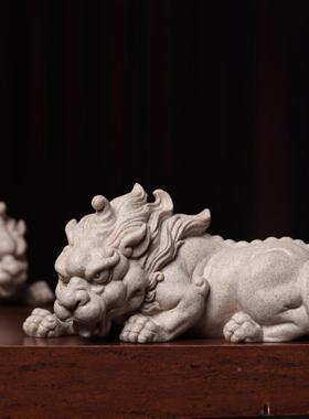 黄砂貔摆貅新中式客厅办公卧室桌面件黄岩砂岩家饰居装品玄关小轻