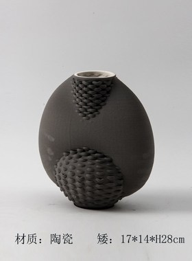 简约轻奢3D打印陶瓷花瓶黑白灰扁形花器摆件样T板间客厅装饰品