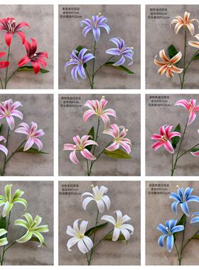 婚庆3头金边百合仿真花3D打印婚礼路引背景花艺家居摆件橱窗造景