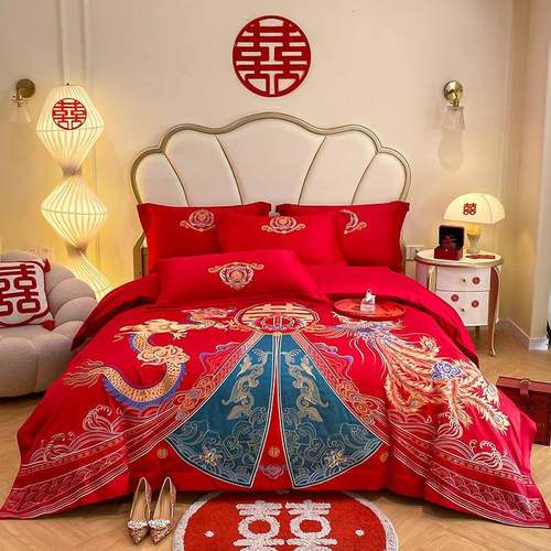 新ZD中式磨毛婚房刺绣龙色四件套红新婚陪嫁婚大喜被套床凤结上用 - 图1