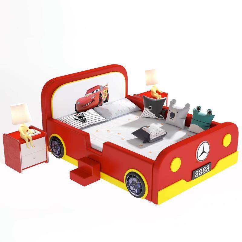 汽车儿床实木皮质带床童房可爱卡通床男孩掉单床高护栏防小户LY02,淘宝优惠券,粉丝福利购,淘宝优惠卷