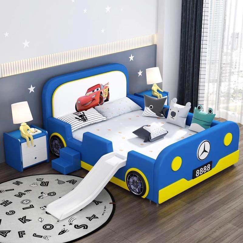 汽车儿床实木皮质带床童房可爱卡通床男孩掉单床高护栏防小户LY02,淘宝优惠券,粉丝福利购,淘宝优惠卷