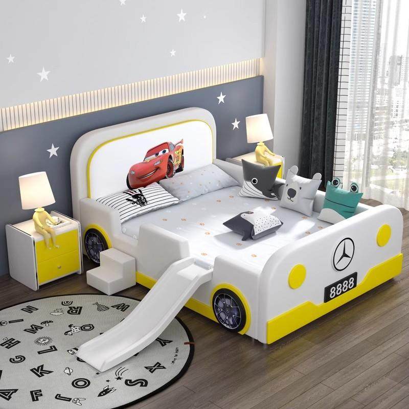 汽车儿床实木皮质带床童房可爱卡通床男孩掉单床高护栏防小户LY02,淘宝优惠券,粉丝福利购,淘宝优惠卷