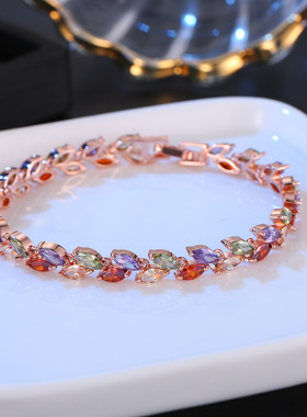 上市欧美风格饰品七色彩虹七彩锆石米粒手链厂家忘忧草元素