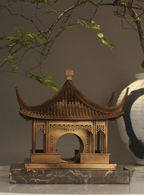 古铜色新中式木质古建筑模型摆件手工艺拼装软装吊饰品摆挂件