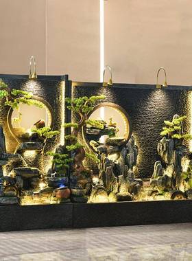 大假湿山水幕墙鱼流缸加器风水轮屏风隔断庭院酒TB674242店餐厅装