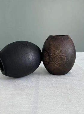 新中式复古怀旧实木碳化色黑色原木小花瓶摆件样板间酒店民宿装饰