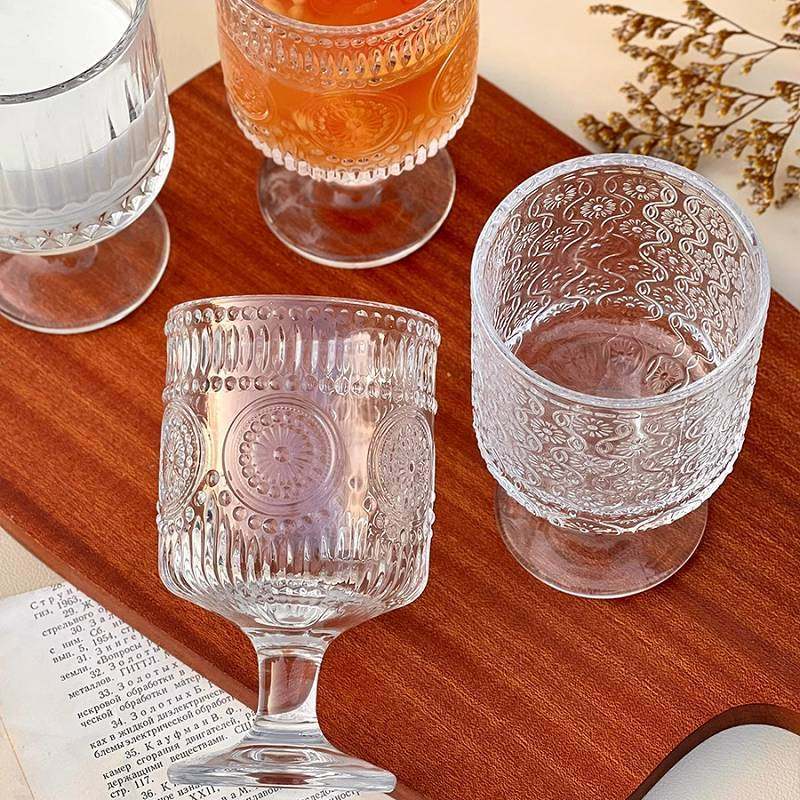 【4只】复古太阳花高脚杯浮雕玻璃杯ins高颜值酒杯饮料果汁杯水杯,淘宝优惠券,粉丝福利购,淘宝优惠卷