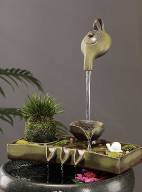 创意招财流水摆件客厅高端装饰品循环水鱼M缸配件造景陶瓷悬壶横