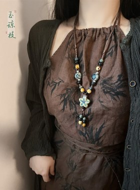 复古民族风陶瓷串珠花朵项链女新中式复古流苏吊坠配饰长款毛衣链