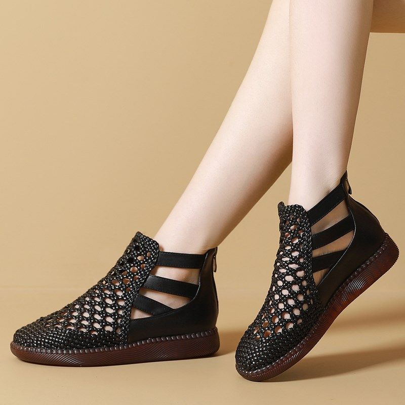 春夏季真皮镂空短靴舒适软底休闲肥胖脚妈妈鞋平底凉鞋洞洞款女鞋,淘宝优惠券,粉丝福利购,淘宝优惠卷