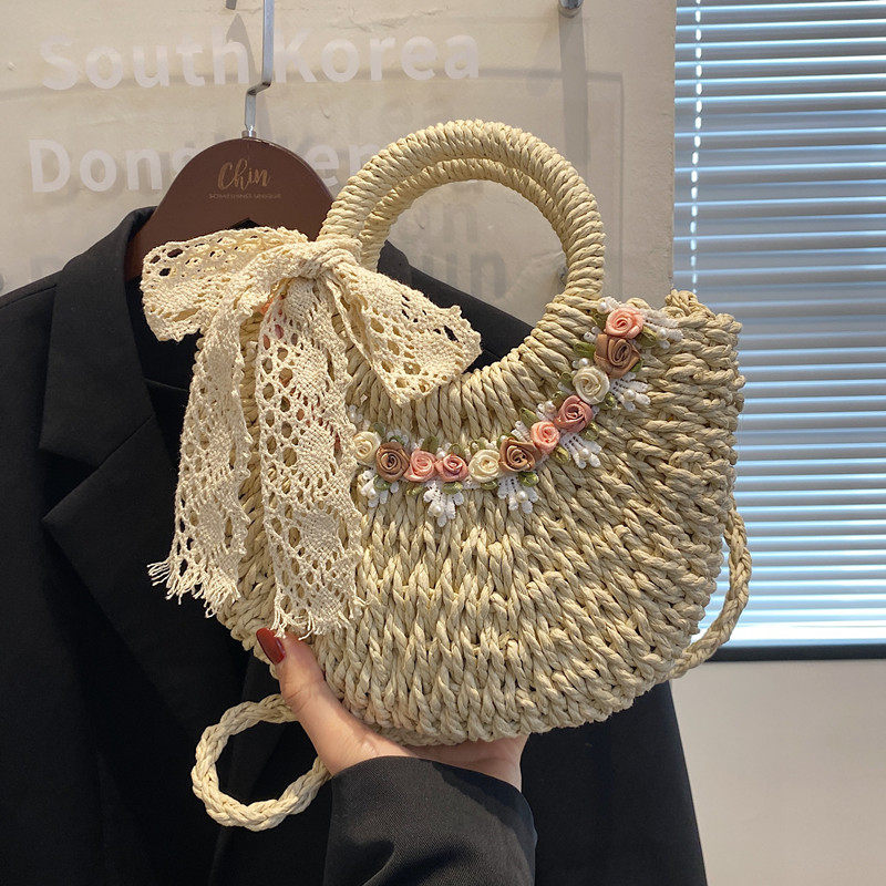 法式草编包女2023夏季新款网红斜挎包草包编织菜篮子手提包沙滩包 - 图1