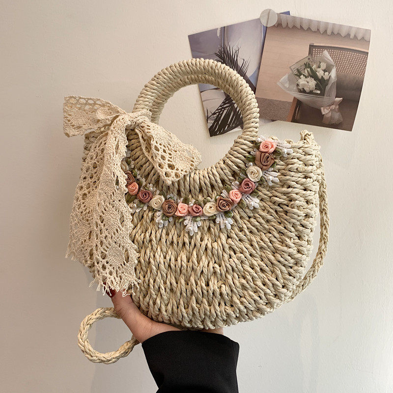 法式草编包女2023夏季新款网红斜挎包草包编织菜篮子手提包沙滩包 - 图2