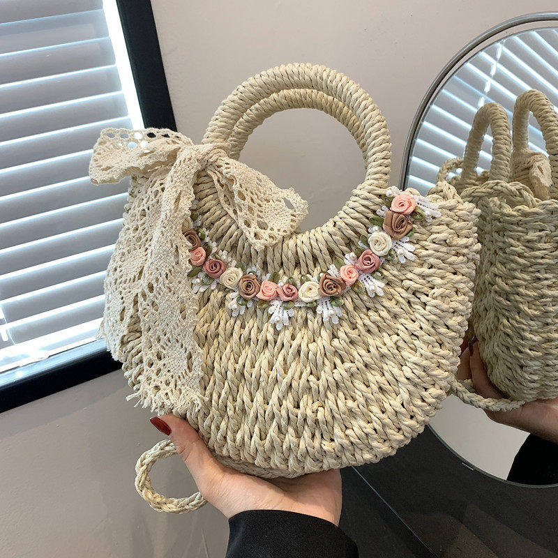 法式草编包女2023夏季新款网红斜挎包草包编织菜篮子手提包沙滩包 - 图0
