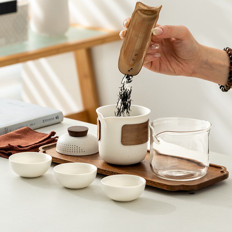 Ceramic travel tea set, one pot, three cups and four cups, glass male cup, outdoor portable bag, Kung Fu tea set, customized