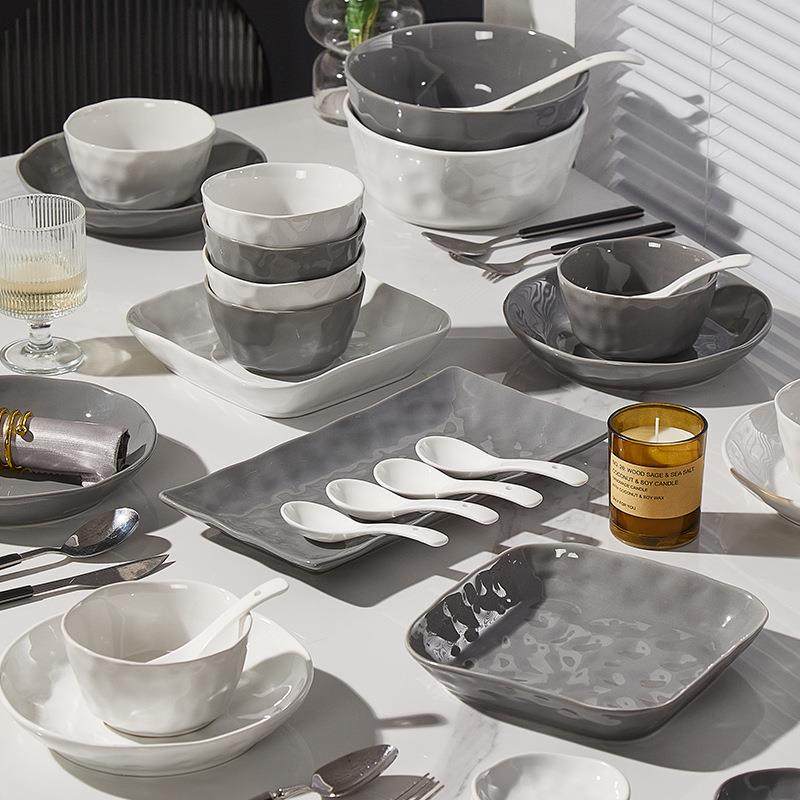 釉下彩碗盘餐具灰白布纹碗盘家用新款碗碟套装碗盘餐具整套微波炉,淘宝优惠券,粉丝福利购,淘宝优惠卷