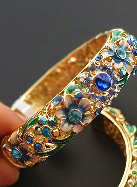 宫廷复古镶钻景泰蓝镯子镂空双层大码手镯开口镯民族风民族风首饰