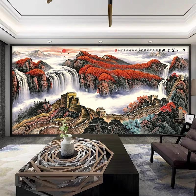 定制中式客厅电视背景墙壁布8d立体凹凸壁画山水影视墙布2Z025新 - 图0