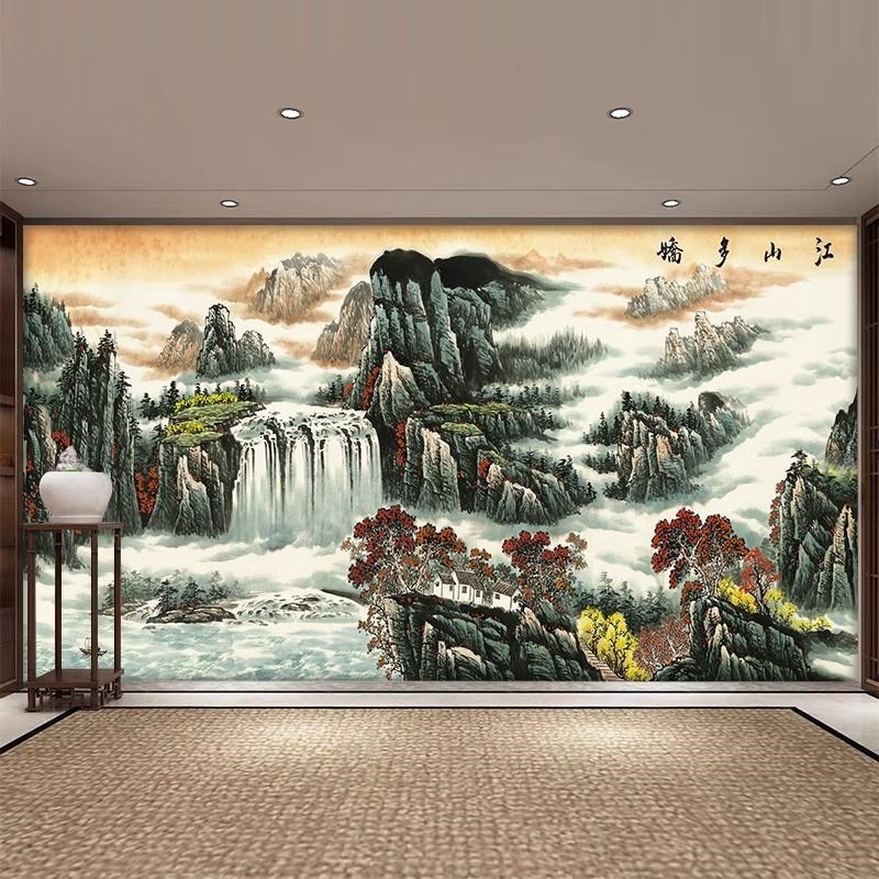定制中式客厅电视背景墙壁布8d立体凹凸壁画山水影视墙布2Z025新 - 图2