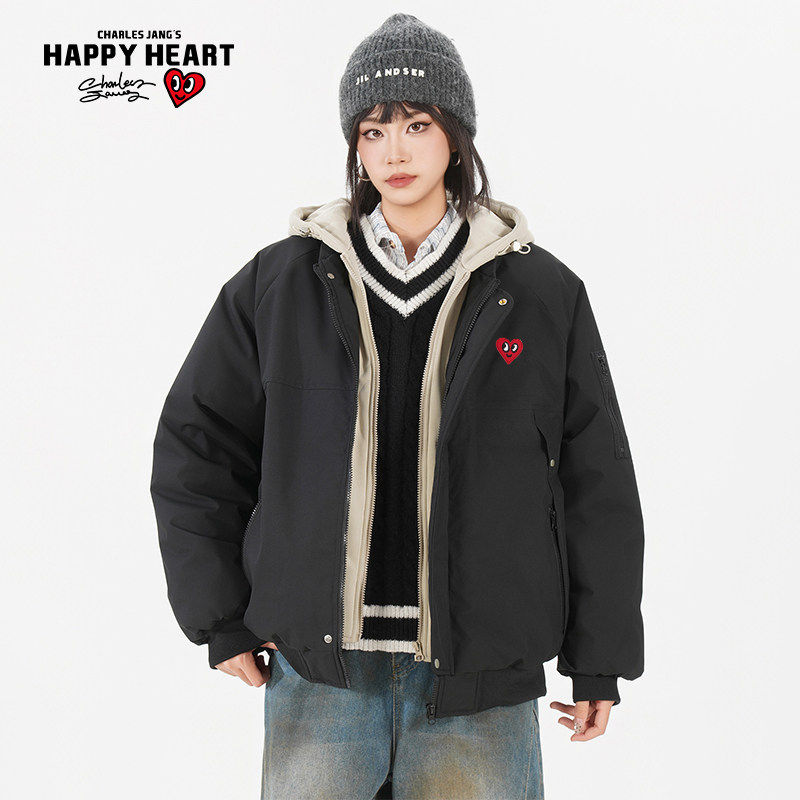 查尔斯桃心 美式假两件飞行棉衣男加厚防寒冬季潮牌情侣连帽棉服,淘宝优惠券,粉丝福利购,淘宝优惠卷