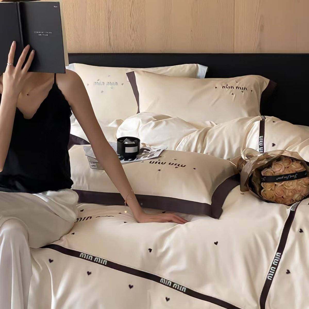 轻奢风爱心刺绣10支长绒棉件套全DKF棉磨毛四季通0用床四单被套床 - 图0