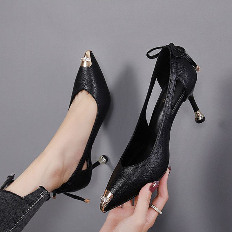 红綪綎高跟鞋女夏真皮包头2023年新款凉鞋女尖头细跟铁头水钻单鞋,淘宝优惠券,粉丝福利购,淘宝优惠卷