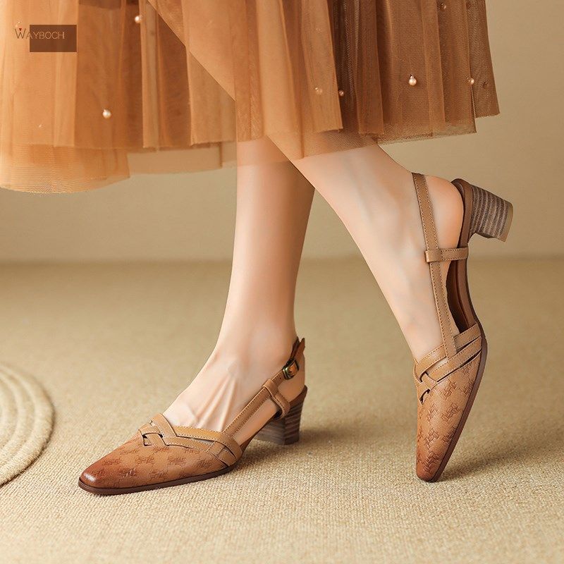 软羊皮真皮小尖头包头凉鞋粗跟中跟时装凉鞋夏季女士小猫跟复古风,淘宝优惠券,粉丝福利购,淘宝优惠卷