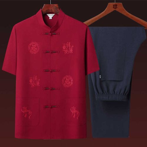 中老年唐装男棉麻套装夏季爸爸中国风男装汉服短袖爷爷老年人衣服 - 图0