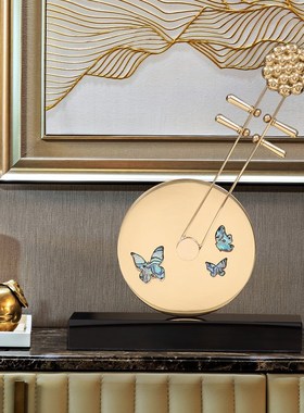 新中式轻奢纯黄铜琵琶摆件几何乐器装饰品客厅样板间电视柜摆设