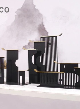 新中式黑色金属屋檐摆件酒店样板房E客厅电视柜书柜桌玄关软装饰