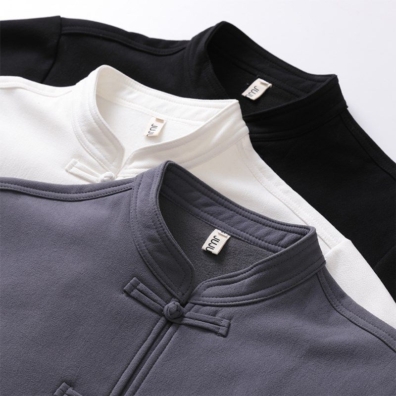 秋冬季 中国风棉麻长袖衬衫内搭加绒加厚唐装男纯色新中式衬衣-白,淘宝优惠券,粉丝福利购,淘宝优惠卷