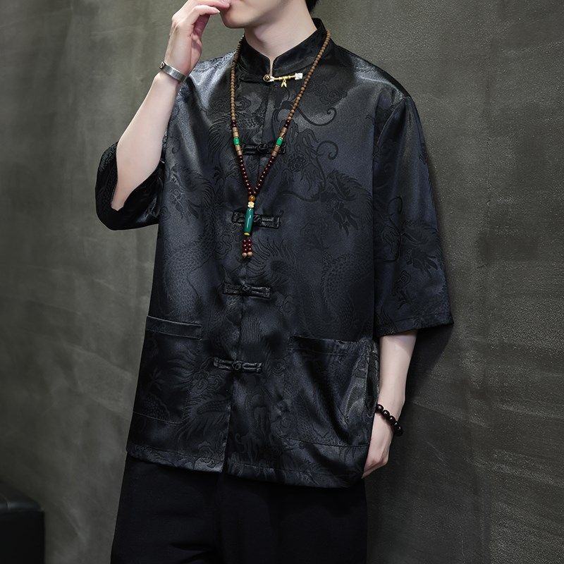 冰丝唐装男中国风夏季龙纹印花短袖衬衫新中式宽松大码五分袖衬衣,淘宝优惠券,粉丝福利购,淘宝优惠卷