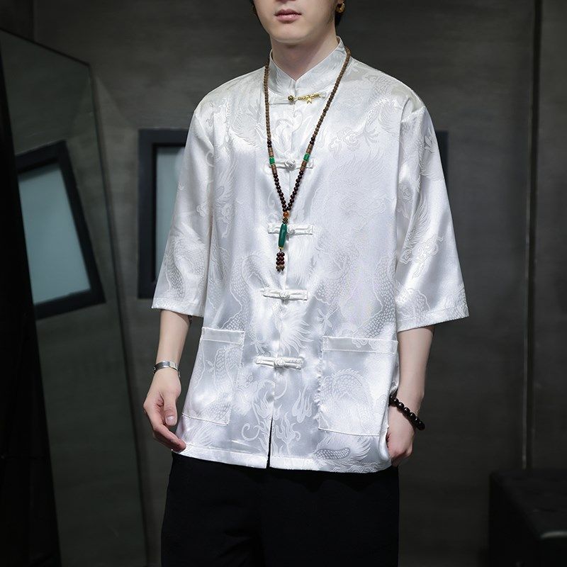 冰丝唐装男中国风夏季龙纹印花短袖衬衫新中式宽松大码五分袖衬衣,淘宝优惠券,粉丝福利购,淘宝优惠卷