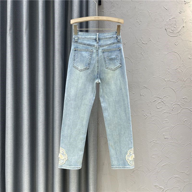 300斤大码女装新中式国风刺绣牛仔裤女胖mm百搭显瘦九分烟管裤子,淘宝优惠券,粉丝福利购,淘宝优惠卷