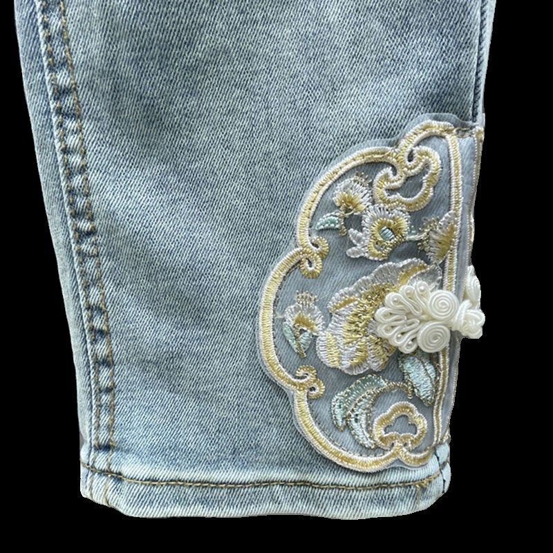 300斤大码女装新中式国风刺绣牛仔裤女胖mm百搭显瘦九分烟管裤子,淘宝优惠券,粉丝福利购,淘宝优惠卷