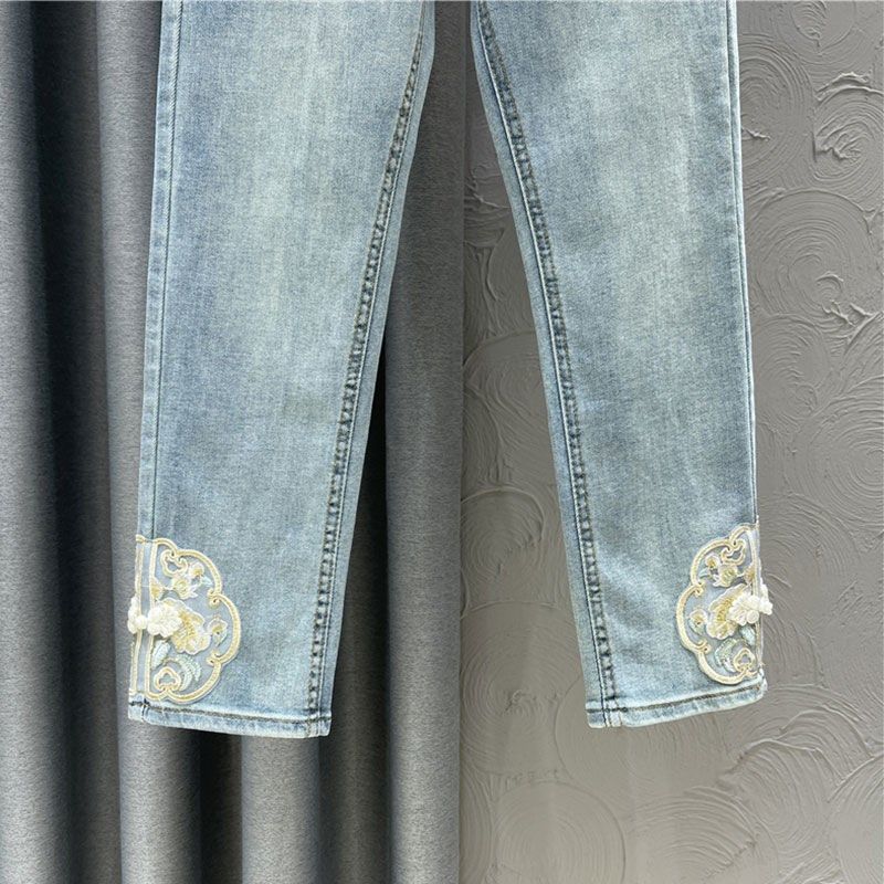 300斤大码女装新中式国风刺绣牛仔裤女胖mm百搭显瘦九分烟管裤子,淘宝优惠券,粉丝福利购,淘宝优惠卷