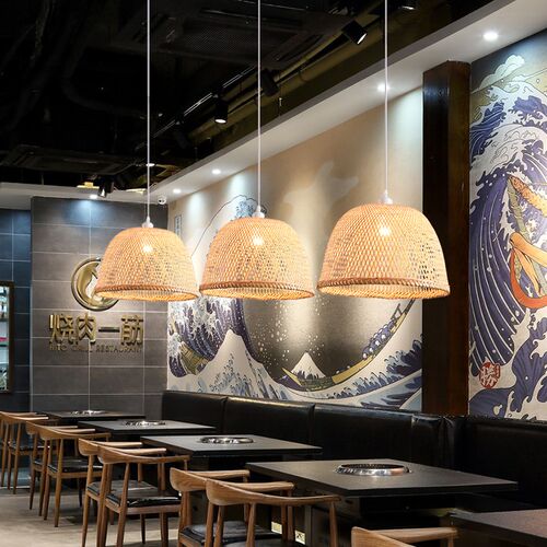 竹编茶室吊灯新中式餐厅灯饰禅意餐饮灯日式竹艺灯笼茶楼仿古灯罩 - 图0