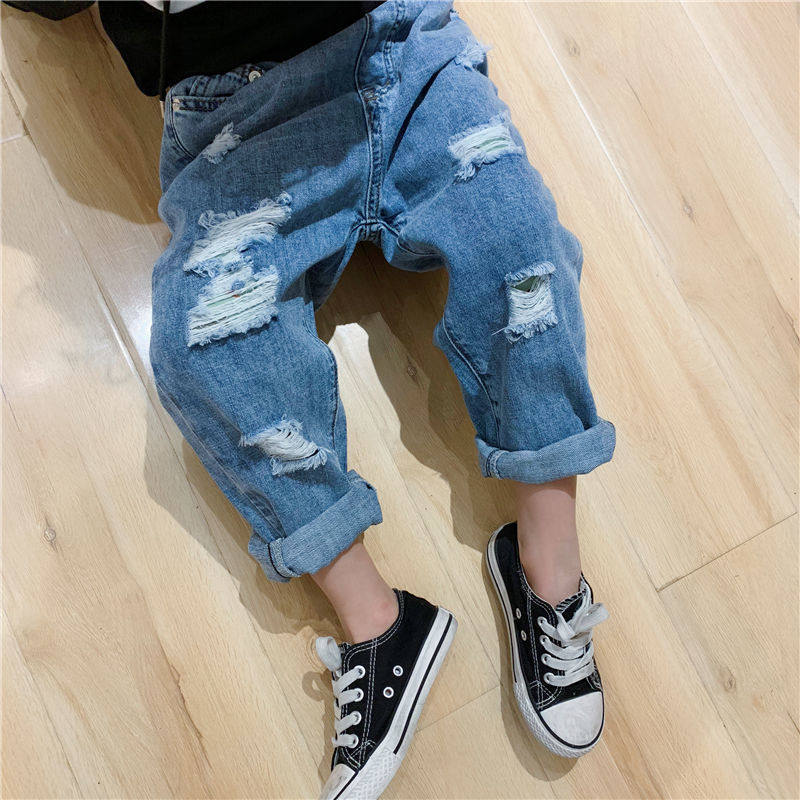 儿童破洞牛仔裤2021新款男童夏装洋气韩版女童裤子宽松哈伦裤时髦,淘宝优惠券,粉丝福利购,淘宝优惠卷