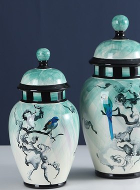 新款创意北欧现代简约花鸟画陶瓷罐子样板房会所展厅个性装饰摆件