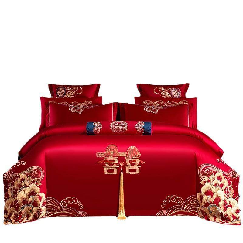 新中式婚庆全棉大红色喜被结婚四件套纯棉婚嫁刺绣款陪嫁床上用品,淘宝优惠券,粉丝福利购,淘宝优惠卷