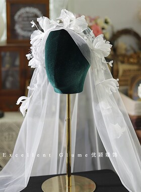 优颖梦幻超仙绢纱羽毛花朵软边新娘头纱复古气质婚纱结婚跟妆头饰