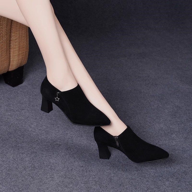 2025新款秋季尖头真皮女皮鞋软皮粗跟水钻高跟鞋春秋中跟深口单鞋,淘宝优惠券,粉丝福利购,淘宝优惠卷